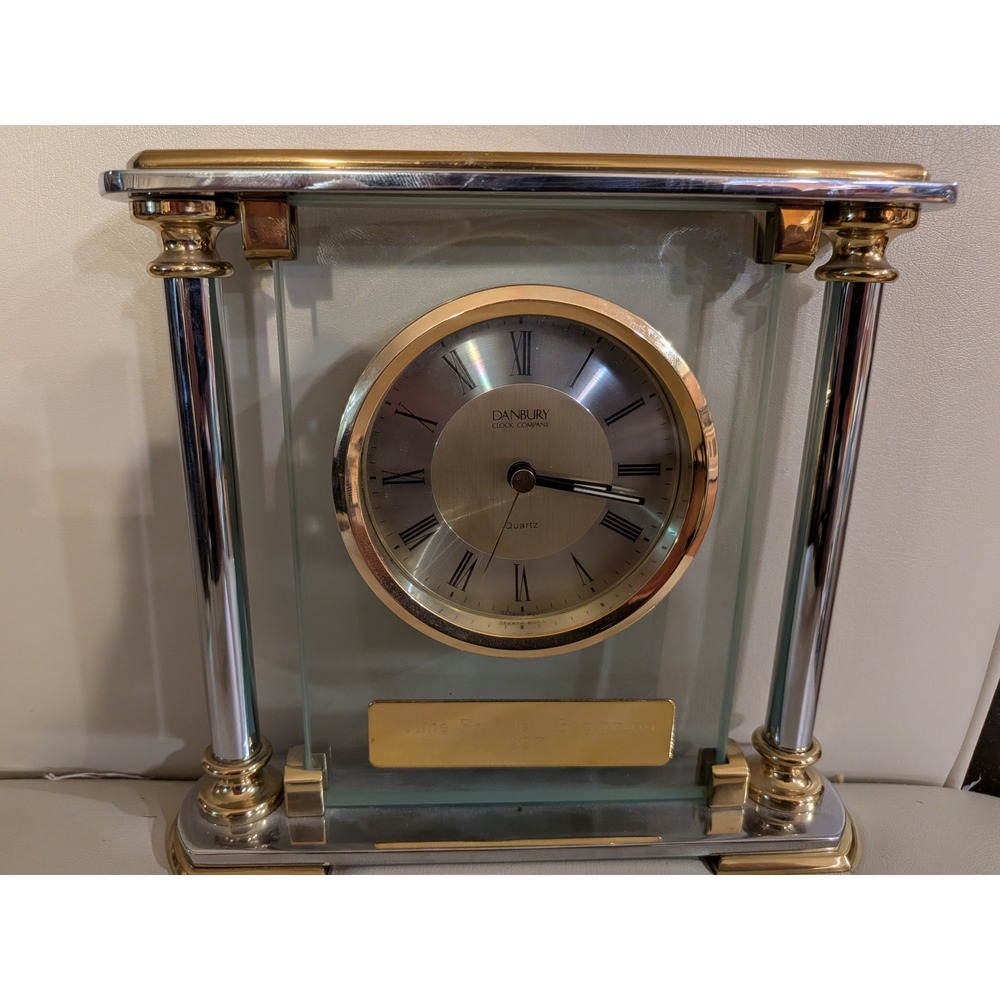 Danbury Clock Company Vintage 1997 Quartz Mantle Clock Glass Gold Silver Tone
